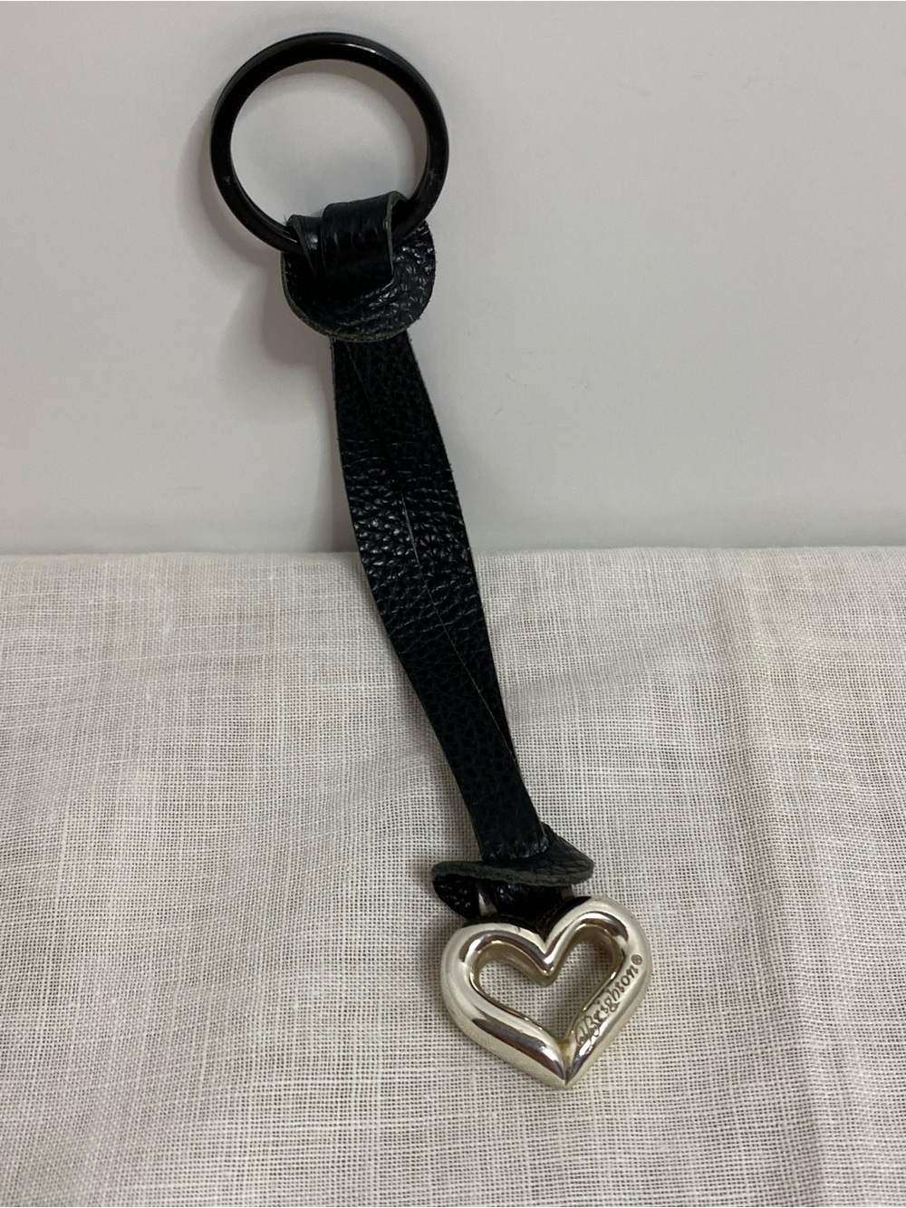 Brighton Heart Key Chain Charm Fob Black Pebbled Leather Silver Tone